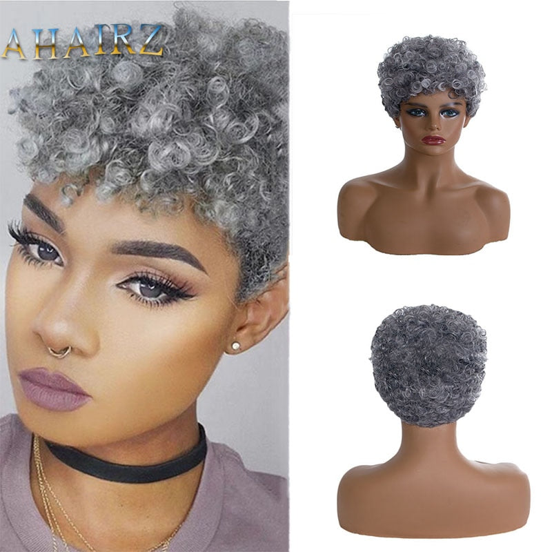 Short Kinky Curly Gray Wig | Synthetic