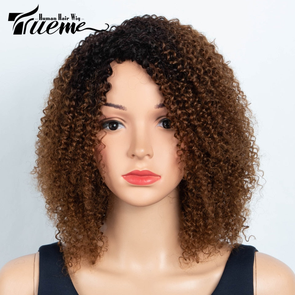 Kinky Curly Human Hair Wig | Ombre Highlights | Human Hair Wig With Bangs | 4a Curly Wig