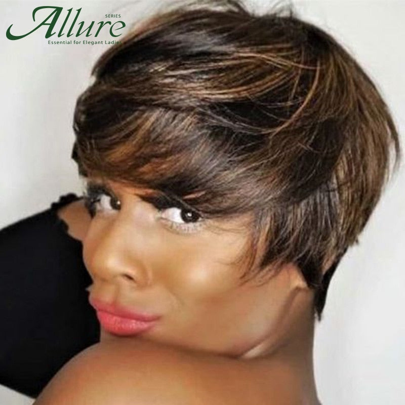 Short Gray Pixie Cut Wig with Bangs | Straight | 4 Colors | Human Hair