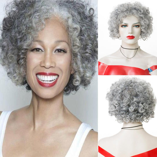 Gray Gradient Curly Hair Pixie Cut Afro Wig